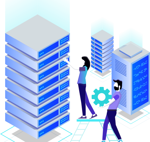 Dua programer sedang mengelola rak server