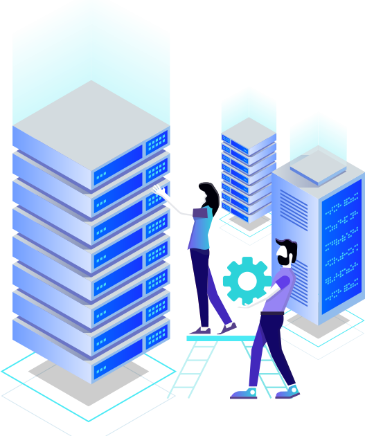 Dua programer sedang mengelola rak server