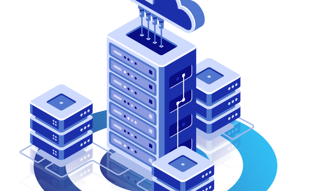 Ilustrasi server hosting yang terhubung ke penyimpanan cloud