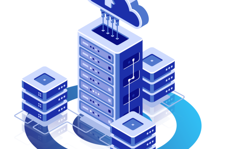 Ilustrasi server hosting yang terhubung ke penyimpanan cloud